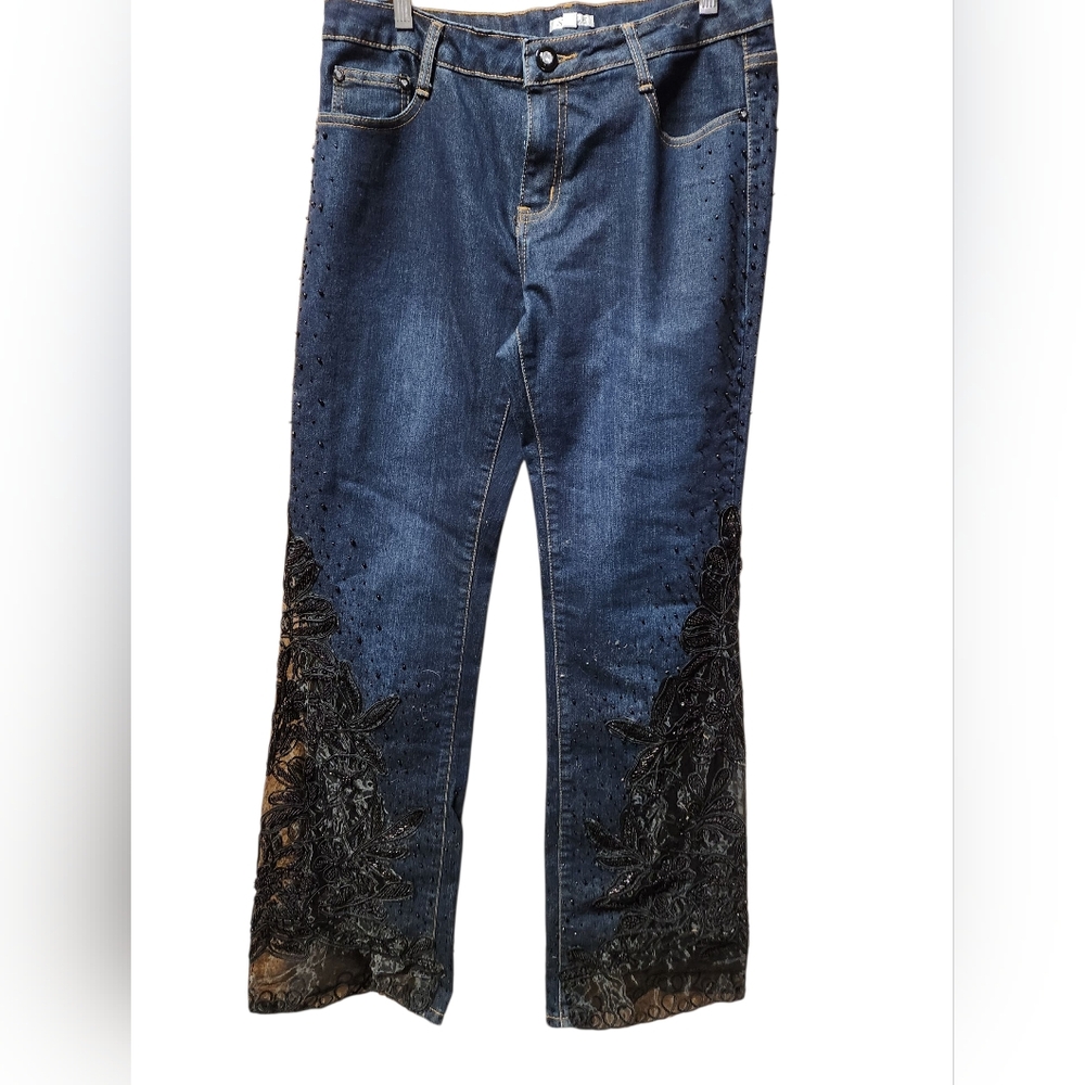 Style Y2k Black Embellished Lace Trim Blue Denim Straight Leg Jeans 8